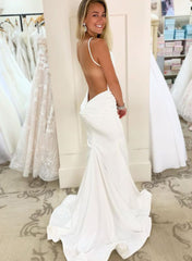 White Long V-neck Satin Mermaid Open Back Wedding Dresses