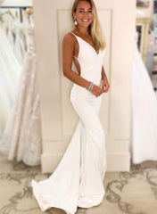 White Long V-neck Satin Mermaid Open Back Wedding Dresses