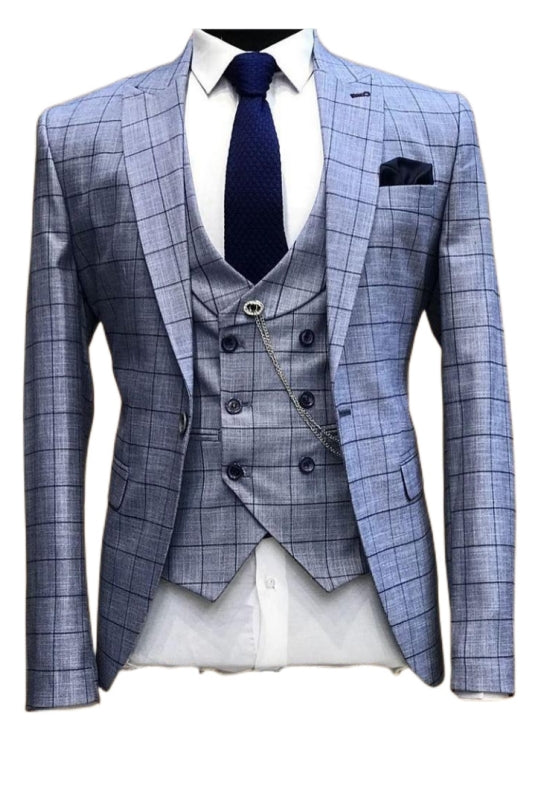 men-business-bespoke-suits-blue-peaked-lapel-three-pieces-plaid-suit