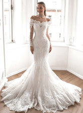 Elegant Long Mermaid Off The Shoulder Tulle Lace Wedding Dresses with Sleeves