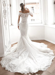 Elegant Long Mermaid Off The Shoulder Tulle Lace Wedding Dresses with Sleeves
