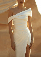 Long Mermaid One Shoulder Sleeveless Silk Like Satin Wedding Dresses with Slit