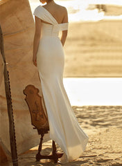 Long Mermaid One Shoulder Sleeveless Silk Like Satin Wedding Dresses with Slit