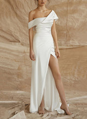 Long Mermaid One Shoulder Sleeveless Silk Like Satin Wedding Dresses with Slit