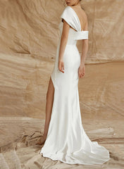 Long Mermaid One Shoulder Sleeveless Silk Like Satin Wedding Dresses with Slit