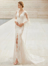 Long Sleeves Mermaid V-Neck Lace Wedding Dresses With Front Split