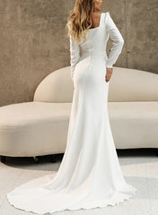 Simple Long Mermaid Square Neckline Satin Wedding Dresses with Sleeves