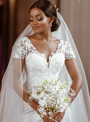 Luxurious White Long Tulle Lace V-neck Mermaid Wedding Dresses