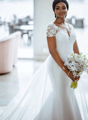 Luxurious White Long Tulle Lace V-neck Mermaid Wedding Dresses