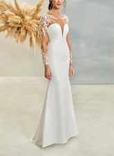 Long Mermaid Satin Lace Backless Wedding Dresses with Sleeves