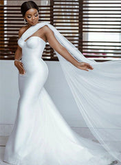 White Long Satin Mermaid One Shoulder Strapless Wedding Dress