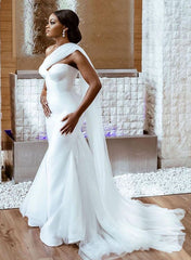 White Long Satin Mermaid One Shoulder Strapless Wedding Dress