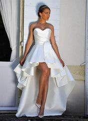 High Low A-Line Sweetheart Satin Wedding Dresses With Cascading Ruffles