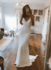 Long V-neck Mermaid Sleeveless Satin Open Back Wedding Dresses