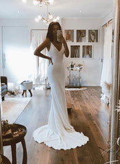 Long V-neck Mermaid Sleeveless Satin Open Back Wedding Dresses