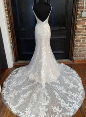 Vintage Long Mermaid V-neck Tulle Backless Wedding Dresses With Appliques Lace