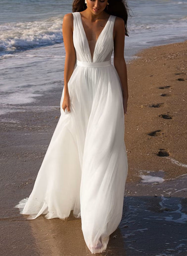 Long A-Line V-neck Sleeveless Sweep Train Tulle Backless Beach Wedding Dresses