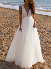 Long A-Line V-neck Sleeveless Sweep Train Tulle Backless Beach Wedding Dresses