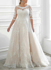 Boho Plus Size Long A-Line Tulle Lace Wedding Dresses With Sleeves