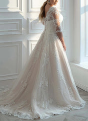 Boho Plus Size Long A-Line Tulle Lace Wedding Dresses With Sleeves