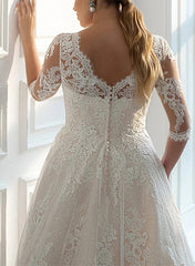 Boho Plus Size Long A-Line Tulle Lace Wedding Dresses With Sleeves