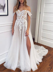 Boho Long A-line Off The Shoulder Tulle Lace Wedding Dresses with Slit