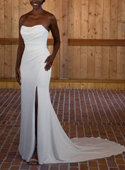 Long Strapless Mermaid Satin Wedding Dresses With Sweep Train