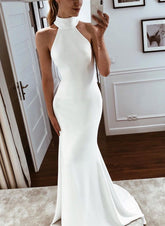 White Long Mermaid High Neck Satin Wedding Dress