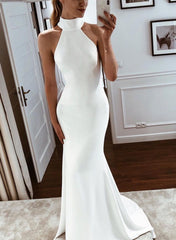 White Long Mermaid High Neck Satin Wedding Dress