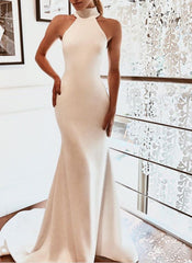 White Long Mermaid High Neck Satin Wedding Dress