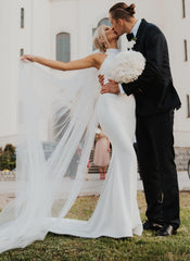 White Long Mermaid High Neck Satin Wedding Dress