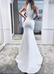 White Long Mermaid High Neck Satin Wedding Dress
