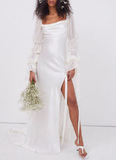 Boho Long Sleeves Sheath Cowl Neck Satin Wedding Dresses with Slit