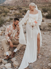 Boho Long Sleeves Sheath Cowl Neck Satin Wedding Dresses with Slit