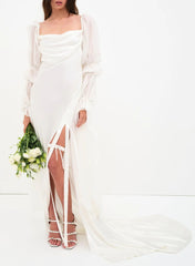 Boho Long Sleeves Sheath Cowl Neck Satin Wedding Dresses with Slit