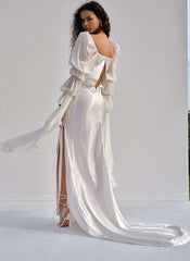 Boho Long Sleeves Sheath Cowl Neck Satin Wedding Dresses with Slit