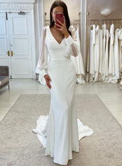 White Long V-Neck Chiffon Tulle Mermaid Wedding Dresses with Sleeves