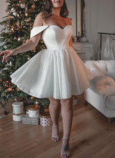 Sparkly Short A-line Off the Shoulder Sequins Lace-up Wedding Dresses