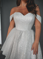Sparkly Short A-line Off the Shoulder Sequins Lace-up Wedding Dresses
