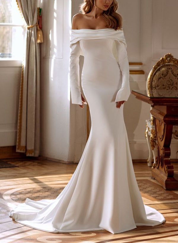 Long Sleeves Mermaid Off-The-Shoulder Satin Wedding Dress with Slit