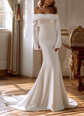 Long Sleeves Mermaid Off-The-Shoulder Satin Wedding Dress with Slit
