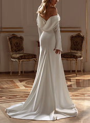 Long Sleeves Mermaid Off-The-Shoulder Satin Wedding Dress with Slit