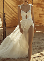 Long A-Line Sweetheart Backless Tulle Wedding Dresses With Front Split