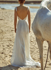 Long A-Line Sweetheart Backless Tulle Wedding Dresses With Front Split