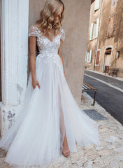 Boho Long A-Line V-Neck Lace Tulle Backless Wedding Dresses With Front Split