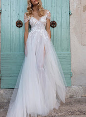 Boho Long A-Line V-Neck Lace Tulle Backless Wedding Dresses With Front Split