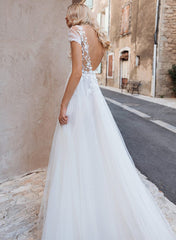 Boho Long A-Line V-Neck Lace Tulle Backless Wedding Dresses With Front Split