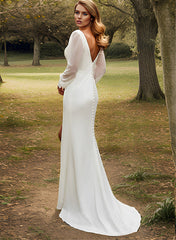 White Long Mermaid V-Neck Chiffon Wedding Dress With Split Front
