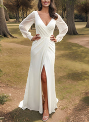 White Long Mermaid V-Neck Chiffon Wedding Dress With Split Front