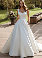 Long Ball Gown Strapless Sweep Train Satin Wedding Dress with Pockets